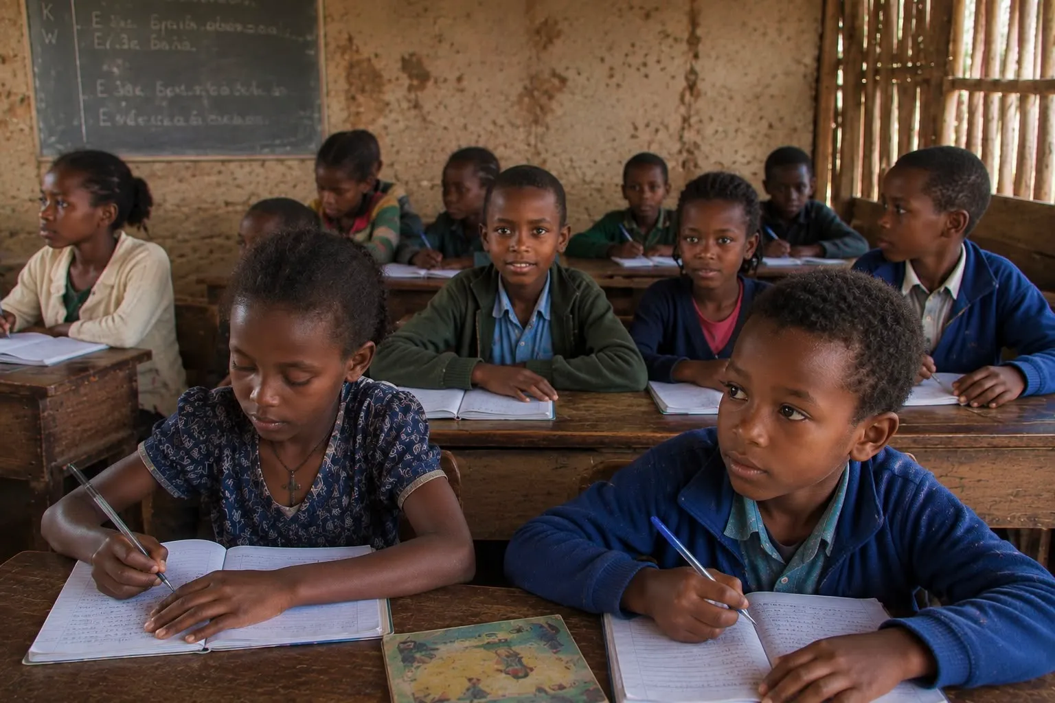 Ethiopian schoolchildren in uniform walking towards their public school building.