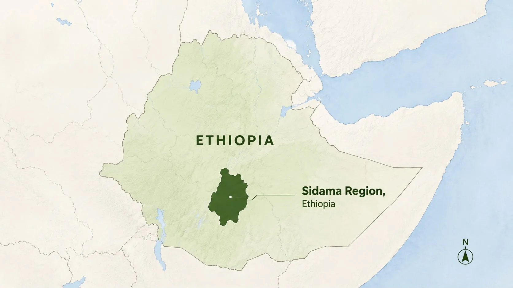 Map of the Horn of Africa with Ethiopia in cream and the Sidama Region highlighted in green.